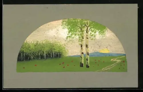 Künstler-AK Handgemalt: Frühlingszenerie mit Sonnenaufgang