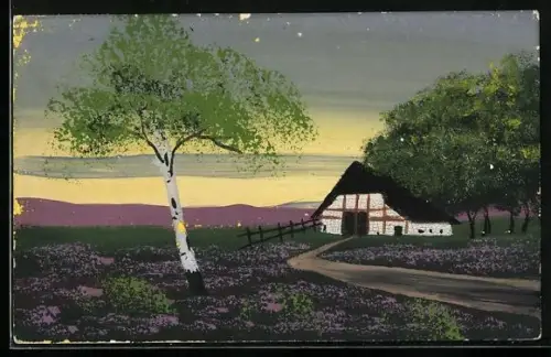 Künstler-AK Handgemalt: Bauernhaus im Frühling