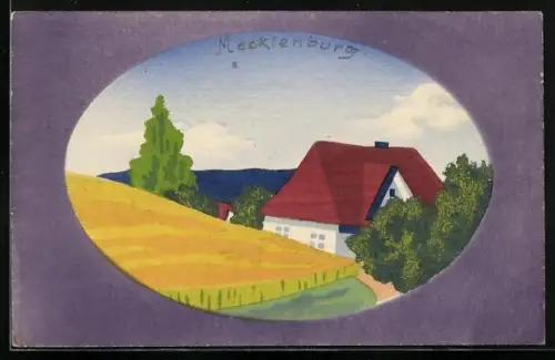 Künstler-AK Handgemalt: Bauernhaus im Frühling