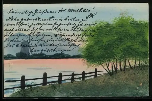 Künstler-AK Handgemalt: Landschaftsidylle mit Windmühle