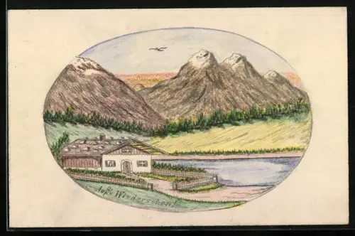 Künstler-AK Handgemalt: Alpenidyll, Bergpanorama