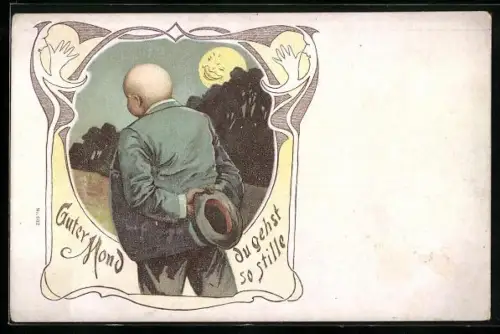 AK Glatzköpfiger Mann mit lachendem Mond