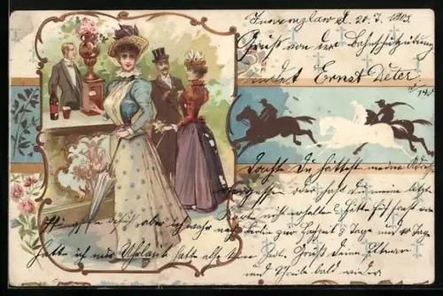 AK Pferderennen, Frau mit Schirm und Glas Rotwein