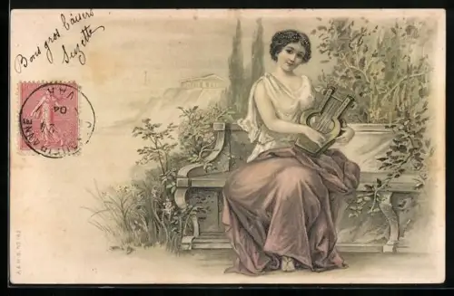 AK Junge Dame musiziert auf einer Lyra im Garten, Jugendstil