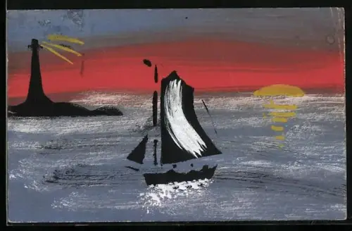Künstler-AK Handgemalt: Segelboot vor Leuchtturm