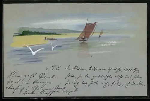 Künstler-AK Handgemalt: Segelboot und Möwen