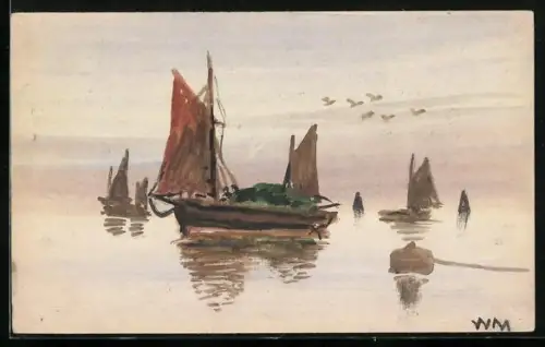 Künstler-AK Handgemalt: Fischerboote auf See