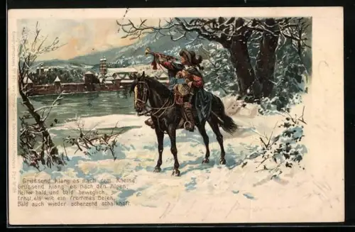 Lithographie Säckingen, Trompeter von Säckingen zu Pferde im Winter