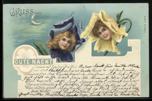 AK Gute Nacht, Frauenköpfe in Blüten