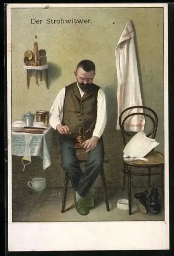 AK Der Strohwitwer mit Kaffeemühle, Neujahrsgruss