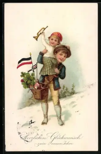 AK Glückwunsch zum neuen Jahre, Kinder mit deutschen Fahnen