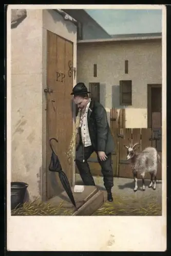 AK Betrunkener Mann übergibt sich vor Toilettentür