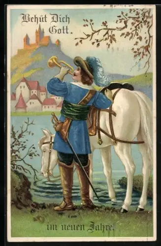 AK Behüt Dich Gott!, Trompeter mit Pferd am Ufer, Neujahrsgruss
