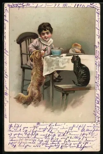 Lithographie Mädchen füttert Hund und Katze