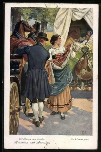 Künstler-AK F. Elssner: Wolfgang von Goethe, Hermann und Dorothea, an der Pferdekutsche
