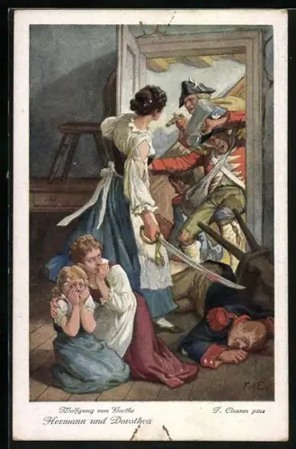 Künstler-AK F. Elssner: Wolfgang von Goethe, Hermann und Dorothea, Der Übergriff an der Tür