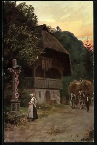 Künstler-AK H. Hoffmann: Heimkehr von der Ernte, Pferdegepann, Flurkreuz