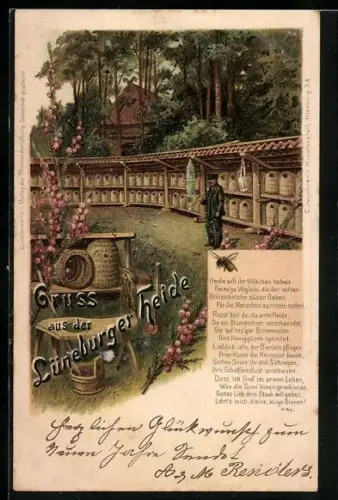 Lithographie Lüneburg, Lüneburger Heide, Imker bei der Arbeit