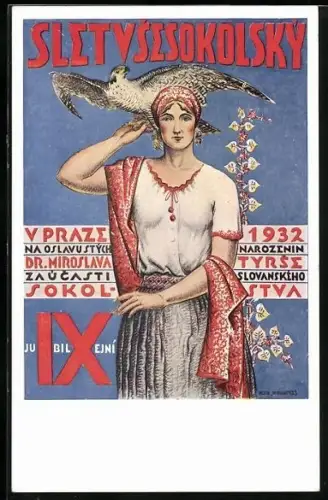 AK Sokol 1932, Junge Frau mit Falken