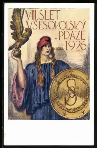 AK Prag, Junge Frau mit Schild und Adlerstatue beim 8. Sokol-Sportfest 1926