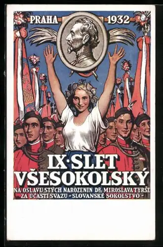 AK Prag, IX. Slet Vsesokolsky 1932, Turner u. Turnerin mit Fahnen, Porträt, Sokol