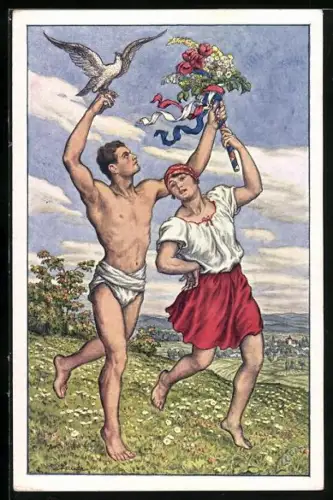 Künstler-AK Prag, Sokol 1926, VIII Slet Vsesokolsky, Paar mit Blumen und Greifvogel