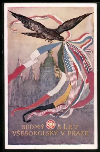 AK Sedmy Slet Vsesokolsky v Praze 1920, Falke mit Fahnenbändern Amerikas, Italiens und Frankreichs