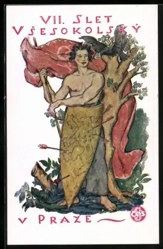 AK Prag, VII. Slet Vsesokolsky Sokol 1920, Mann mit Fahne und Schild