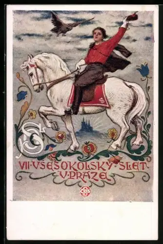 AK Prag, Sokol, VII. Turnfest 1920, Reiter winkt vom Pferd