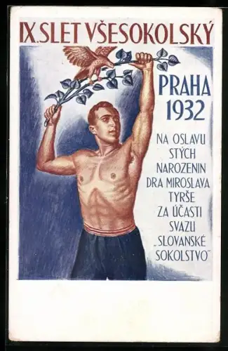 AK Prag, IX. Slet vsesokolsky, Mann mit heranfliegendem Falken, Sokol