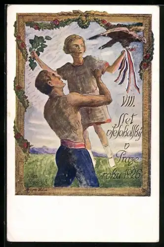 AK Praha, VIII. Slet Vsesokolsky 1926, Turner hebt ein Mädchen hoch
