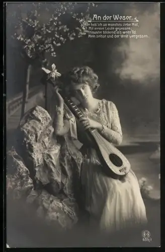 AK An der Weser, Hier hab` ich so manches liebe Mal..., Junge Frau mit Lautengitarre