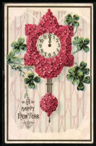 AK Wand-Blumenuhr mit Glücksklee, Neujahrsgruss