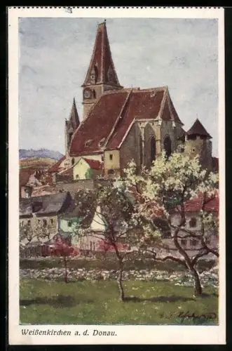 Künstler-AK E.F. Hofecker: Weissenkirchen a. d. Donau, blühende Bäume vor dem Ort