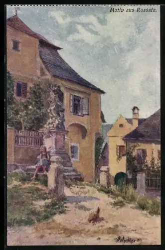 Künstler-AK E.F. Hofecker: Rossatz /N.-Oe., Mädchen am Denkmal