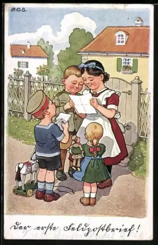 Künstler-AK P. O. Engelhard (P.O.E.): Mädchen liest Geschwistern einen Brief vor