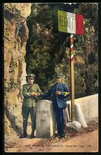 AK Grimaldi Ventimiglia, Frontiera Italiana, Ponte San-Luigi, italienischer und französischer Grenzposten in Uniform