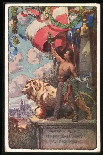 AK Prag, Vzlet Sokol, Mann mit Kranz in siegreicher Pose, Löwenstatue und Flagge neben ihm