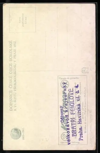 AK Prag, Vzlet Sokol, Mann mit Kranz in siegreicher Pose, Löwenstatue und Flagge neben ihm