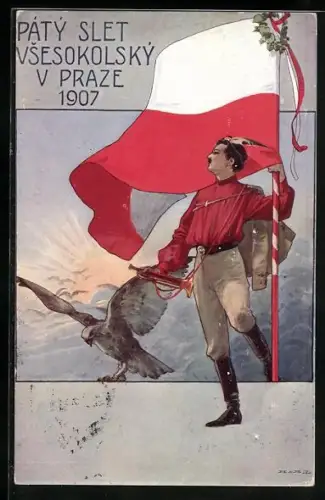 AK Prag, Páty slet Vsesokolsky v Praze 1907, Turner mit Fahne