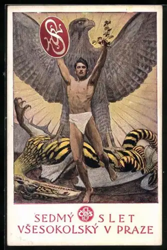 AK Prag, VII. slet vsesokolsky 1920, Wettkämpfer, riesiger Falke erlegt Monster
