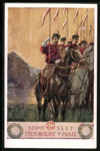 Künstler-AK Praha, Sedmy slet vsesokolsky 1920, Soldaten mit Fahnen zu Pferde