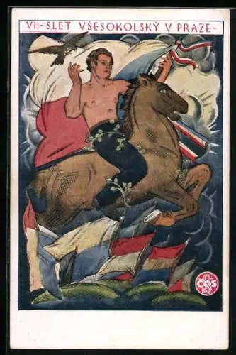 AK Sokol 1920, Mann auf dem springenden Pferd, Flaggen der teilnehmenden Nationen