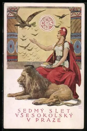 AK Praha, Sedmý Slet, Vsokolský v Praze 1920, Burgfräulein mit Löwe und Vögeln