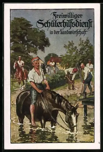 Künstler-AK Freiwilliger Schülerhilfsdienst in der Landwirtschaft, Knabe auf Pferd