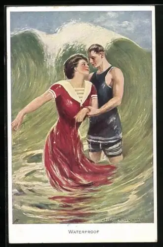 Künstler-AK Clarence F. Underwood: Waterproof, Paar in Badekleidung vor grosser Welle im Meer