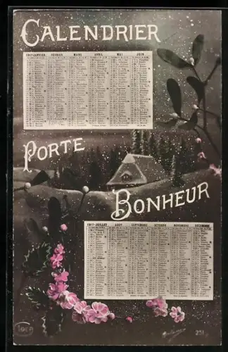 AK Kalender, mit winterlicher Landschaft u. Mistelzweigen