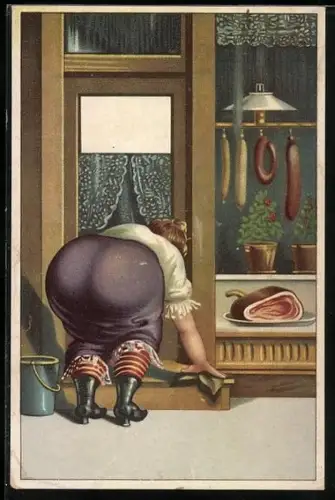 AK Füllige Frau bückt sich vorm Fleischer