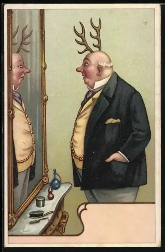 AK Gehörnter Ehemann schaut in den Spiegel