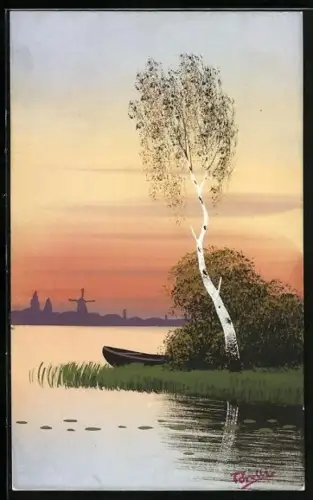 Künstler-AK Handgemalt: Uferidyll mit Birke